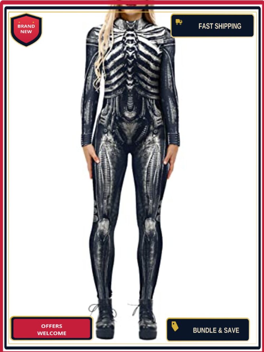 Women's 3D Mechanical Robot Skeleton Print Halloween Jumpsuit Cosplay Costume